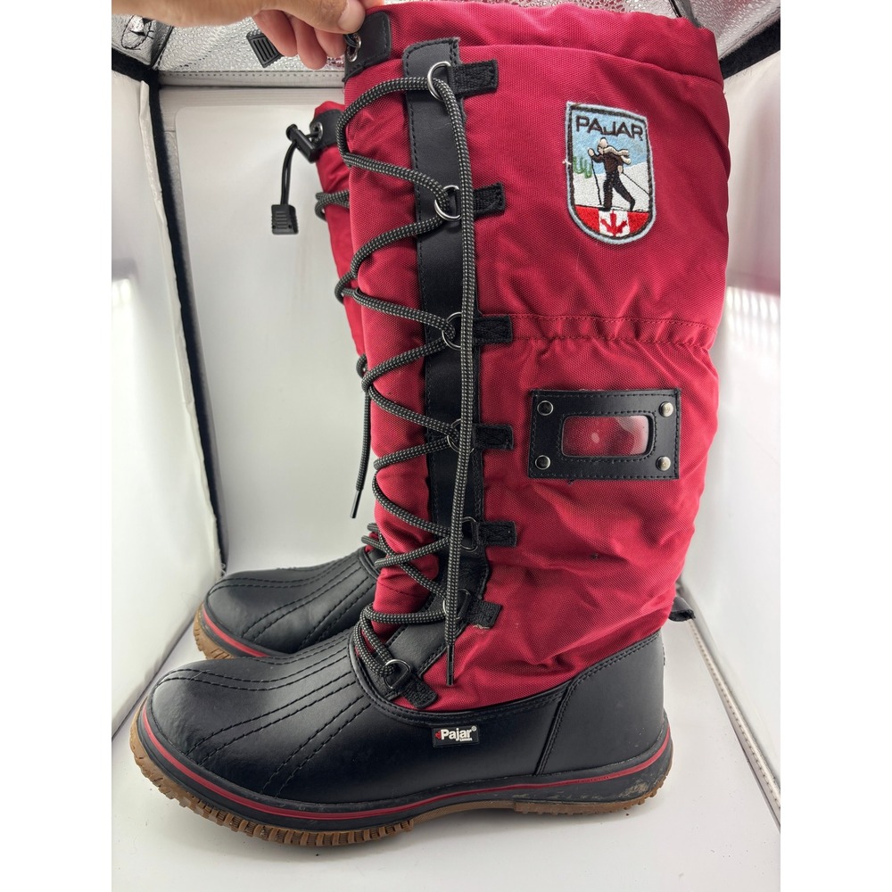 Pajar Canada Women Red Black Leather Nylon Tall Snow Boots Size 10 Euro 41